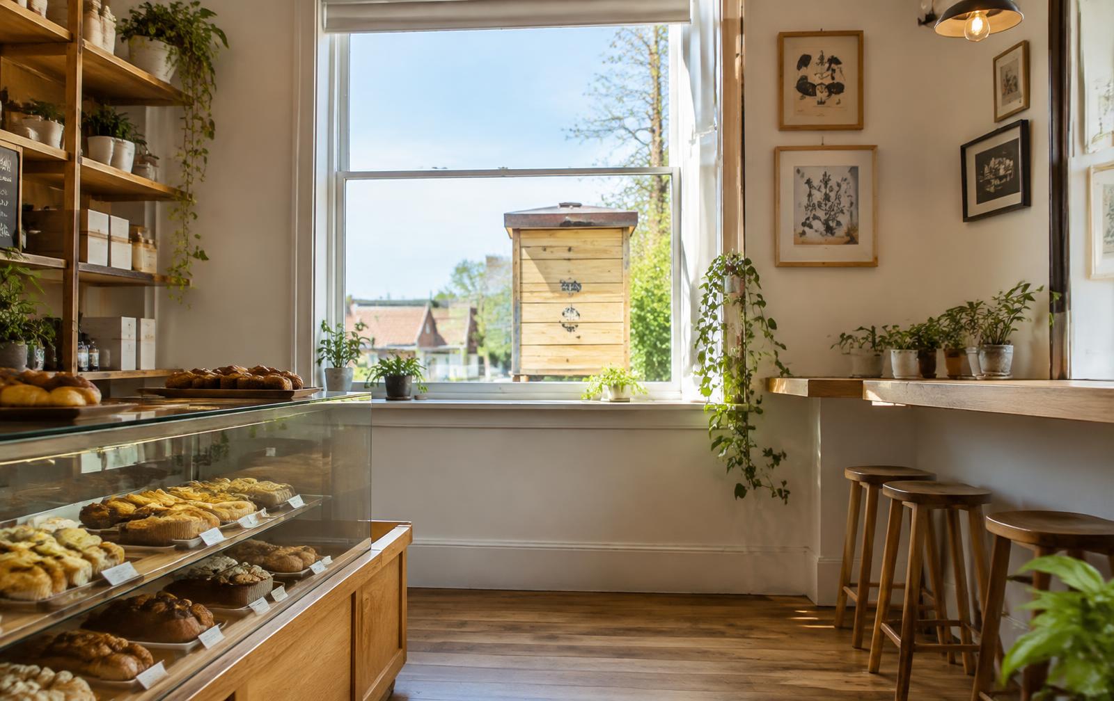 Inside the bakery, wooden shelves of fresh loaves